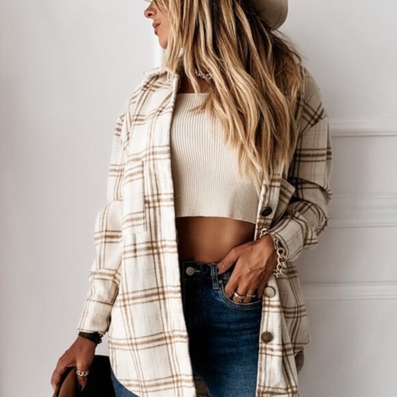 Loose Fit Plaid Big Buttoned Shacket in Apricot - Picture 2 of 5